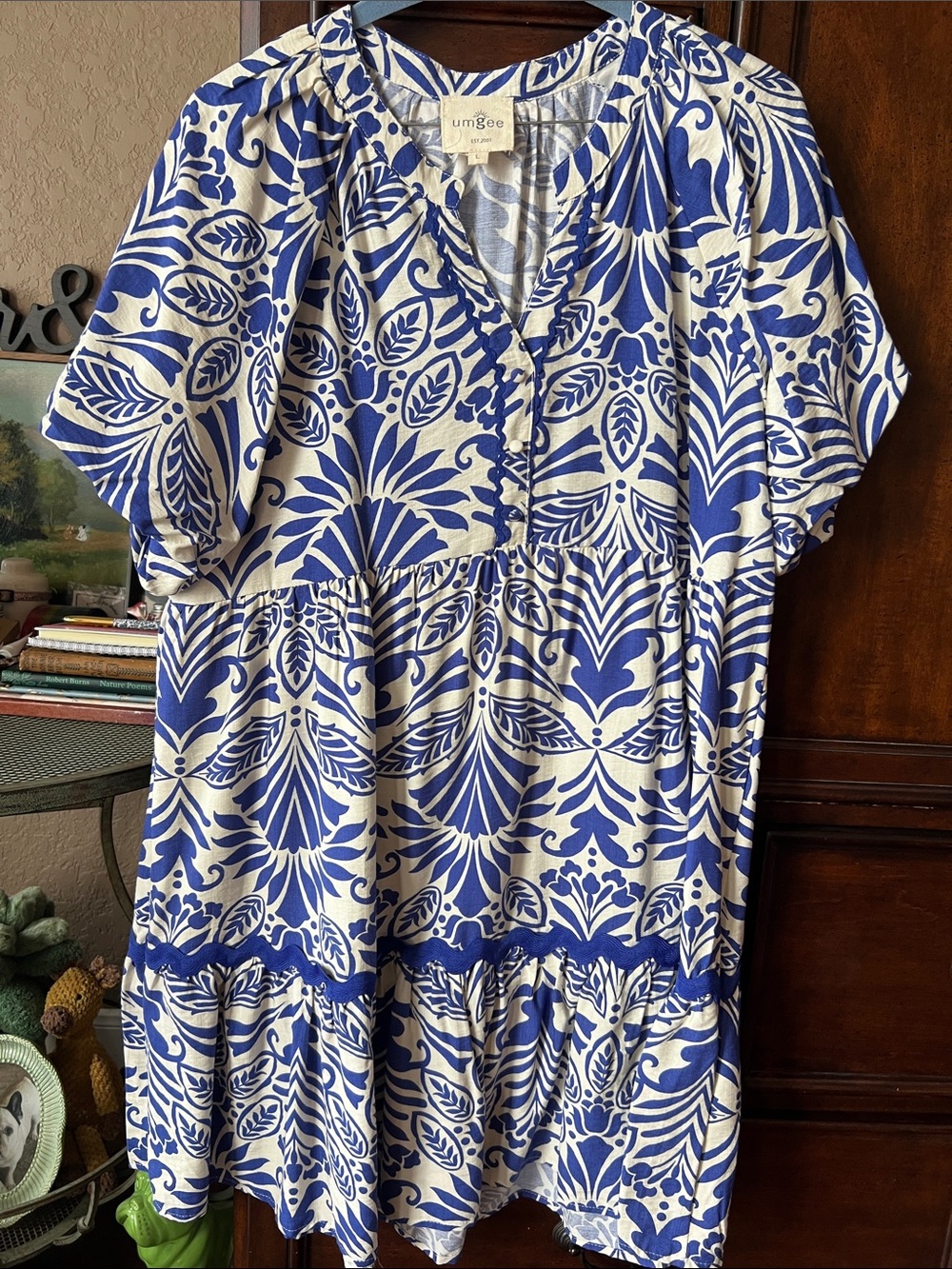 Umgee Blue & Cream Floral Tiered Tunic Dress - Picture 4 of 5